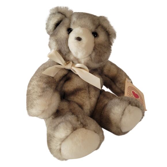 Plush Bear Gray Brown 12” Satin Bow Vintage Stuffed Animal Heartline Sterling - Picture 1 of 16